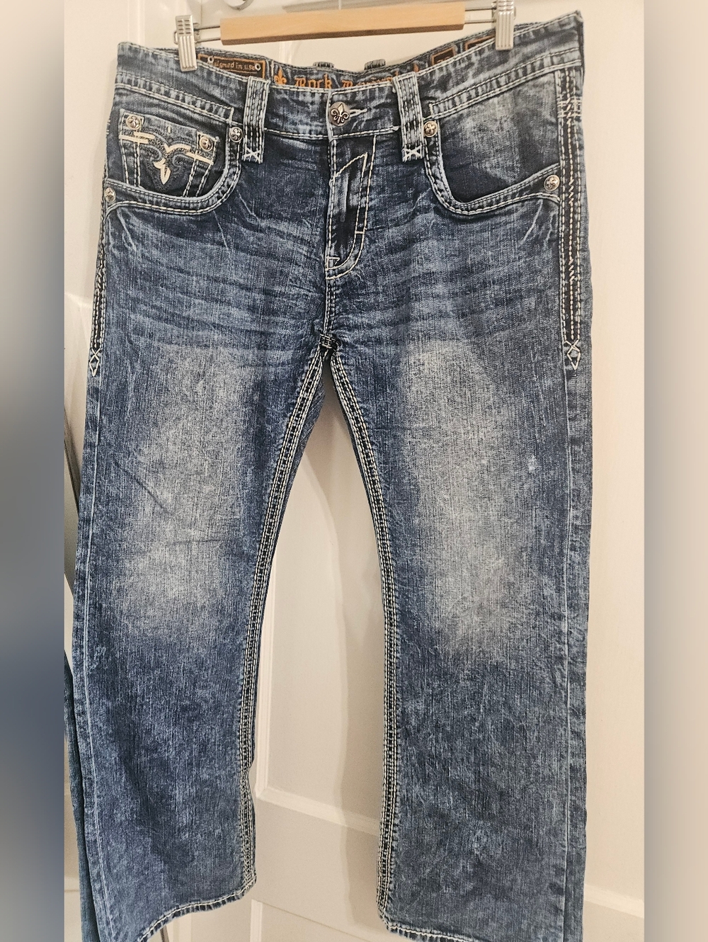 Rock Revival Men’s Faded Blue Embroidered Pocket Jeans